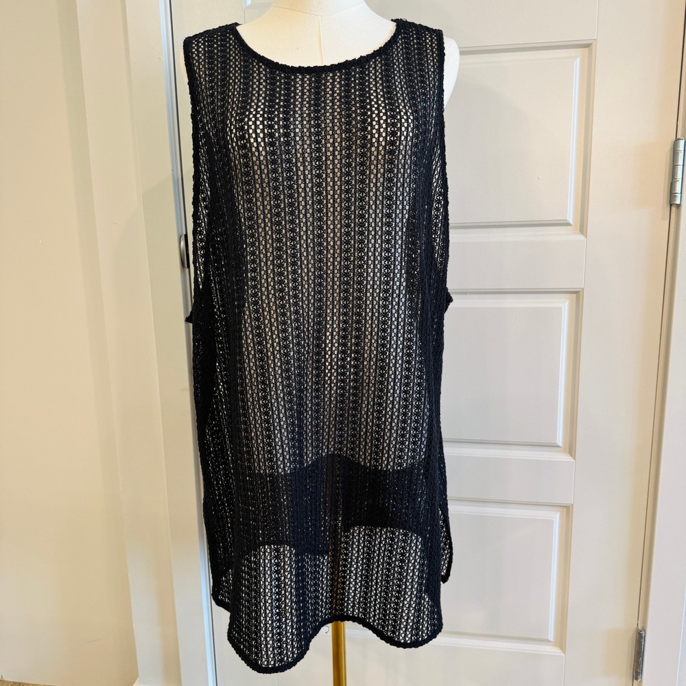 HM Womens XL Black Crochet Knit Sleeveless Tunic Beach Coverup Side Slits Top